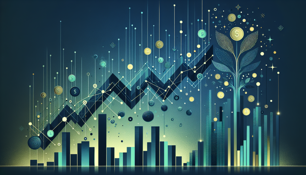 Conceito de dividendos ilustrado com moedas, gráficos financeiros e símbolos de ações que distribuem renda