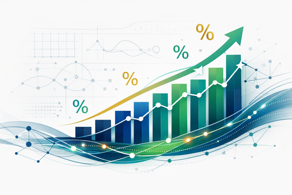 Calculadora mostrando quanto rende 130% do CDI com gráficos de rentabilidade e moedas brasileiras ao fundo